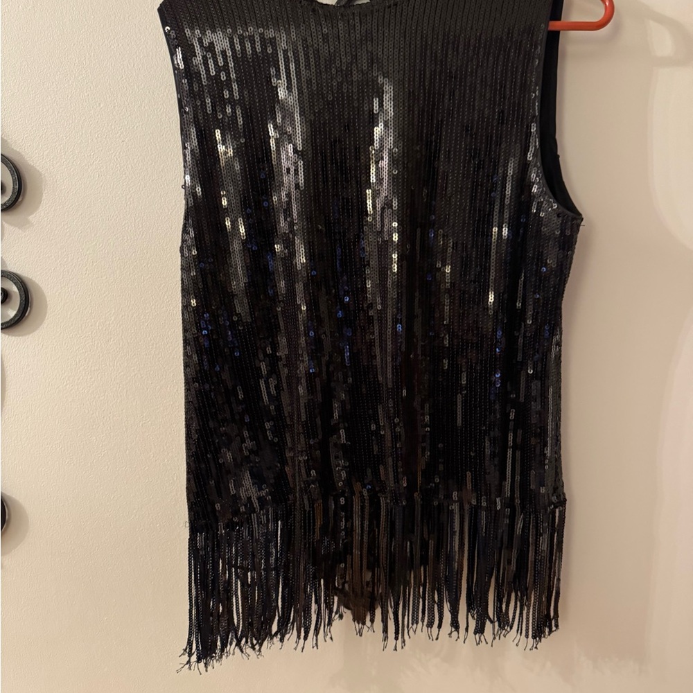 New York & Company Black Sequin Top with Fringe Bottom / Mock Neck